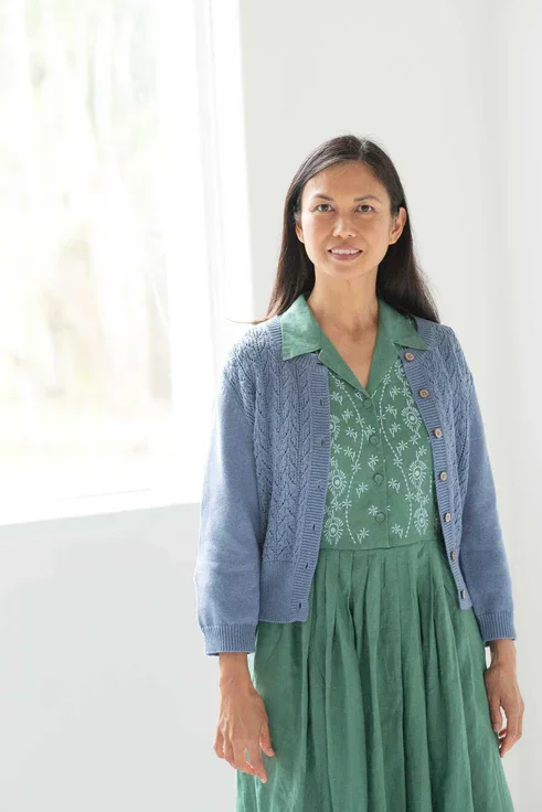 Ava Cardigan Denim Blue Zippered Front Buttoned Front Snap Front