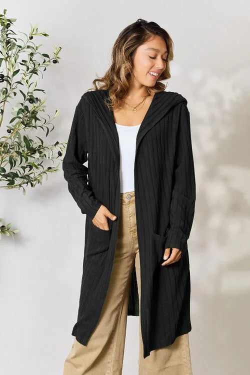 Basic Bae Full Size Ribbed Open Front Long Sleeve Cardigan Elasticated Padded Insulated