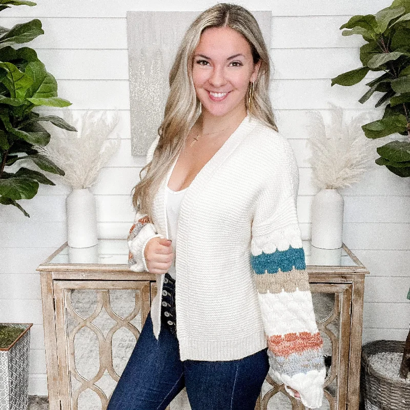 Bring It Forward Hem & Thread Knit Ivory Cardigan Iron Safe Non-Iron Wrinkle Free
