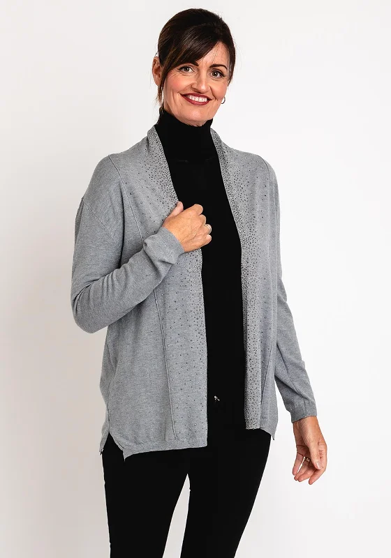 Natalia Collection One Size Diamante Waterfall Fine Knit Cardigan, Grey Solid Color Striped Floral Print