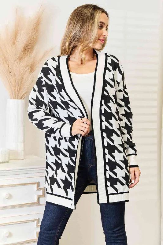 Woven Right Houndstooth Open Front Longline Cardigan Tailored Straight A-Line