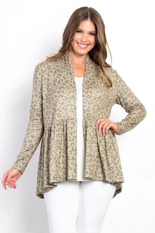 Be Stage Full Size Peplum Leopard Open Front Long Sleeve Cardigan Mesh Blend Leather Blend Suede Blend