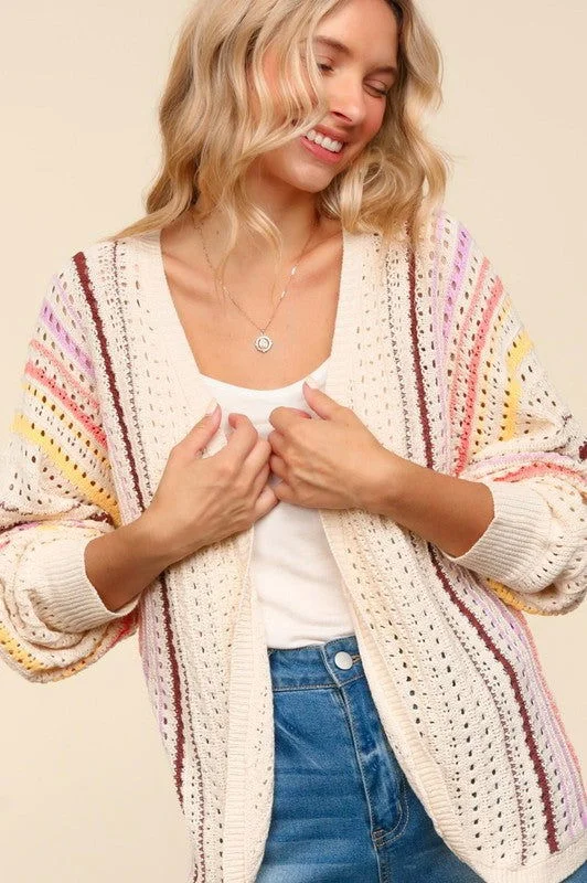 Haptics Striped Crochet Open Front Cardigan Glossy Satin Silk