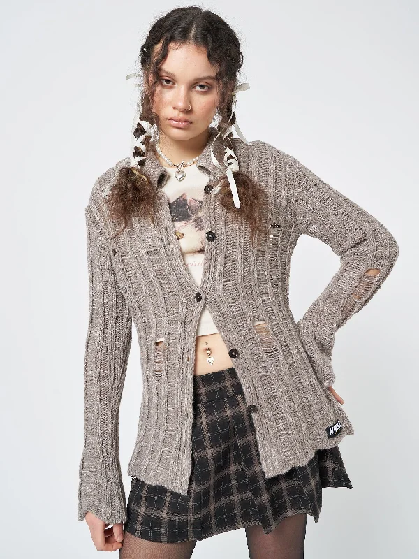 Gem Sand Distressed Knit Cardigan Cardigan Knitwear Sweater