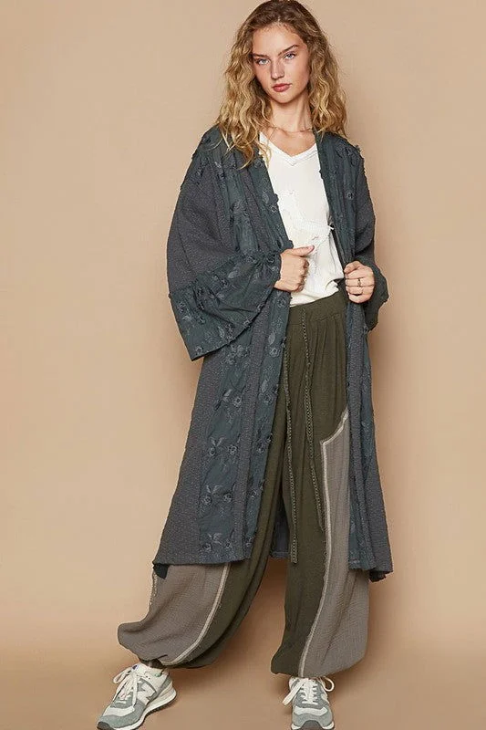 POL Flower Lace Trim Open Front Longline Cardigan In Charcoal Ribbed Striped Patterned