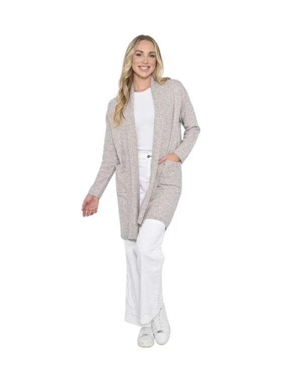 Long Cardigan With Pocket Beige Front Pockets Side Pockets Patch Pockets
