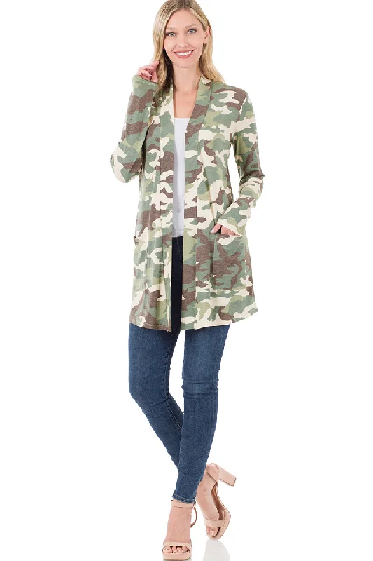 Zenana Womens Mid-Thigh Slouchy Pocket Camouflage Open Cardigan Welt Pockets Slit Pockets Flap Pockets
