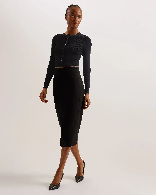 Kklara Cropped Scallop Trim Cardigan Black Welt Pockets Slit Pockets Flap Pockets