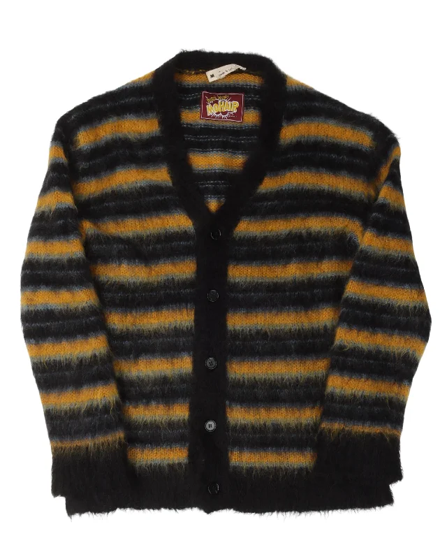 Mohair Fuzzy Wuzzy Striped Cardigan Boat Neck Shawl Collar Notched Collar