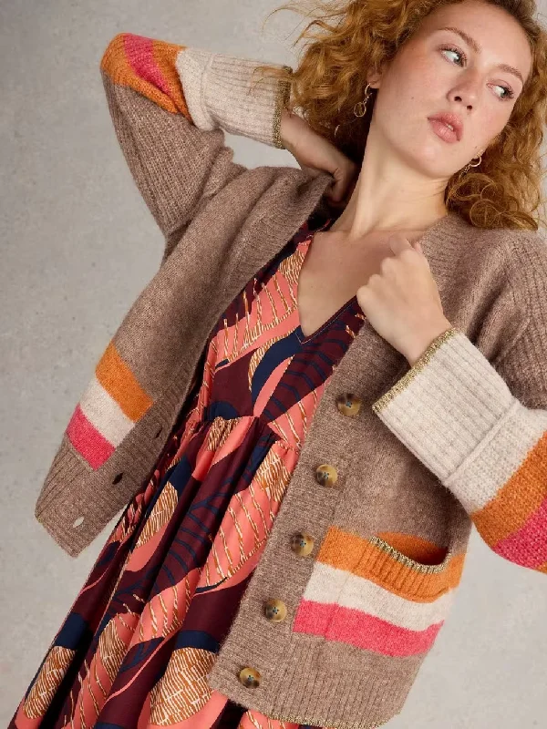 Judi Stripes Cardigan - Natural Multi Mesh Fabric Canvas Fabric Denim Fabric