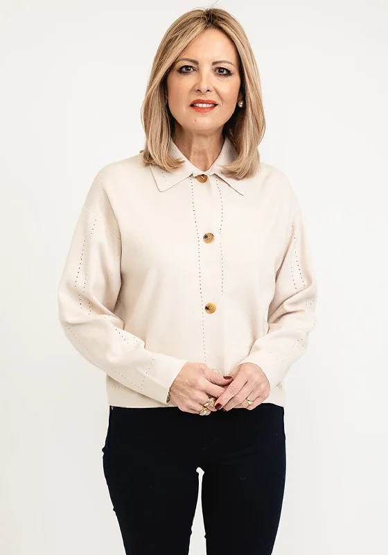 Micha Collared Button Up Knit Cardigan, Beige Stretchy Elastic Breathable