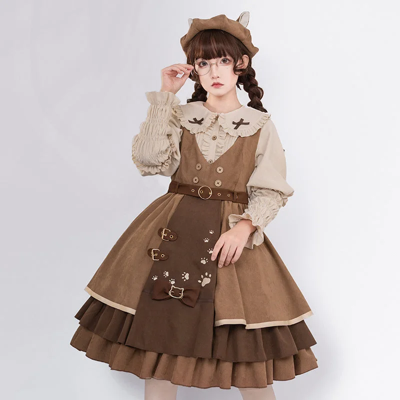 Wjczt Autumn and Winter Lolita Dress Cat Detective JSK Japanese Style Cardigan Retro Preppy Style Dress Cotton Fabric Linen Fabric Terry Fabric
