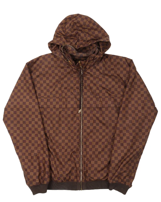 Checkered Damier Rain Jacket w/ Packable Hood Elasticated Jacket Padded Jacket Insulated Jacket