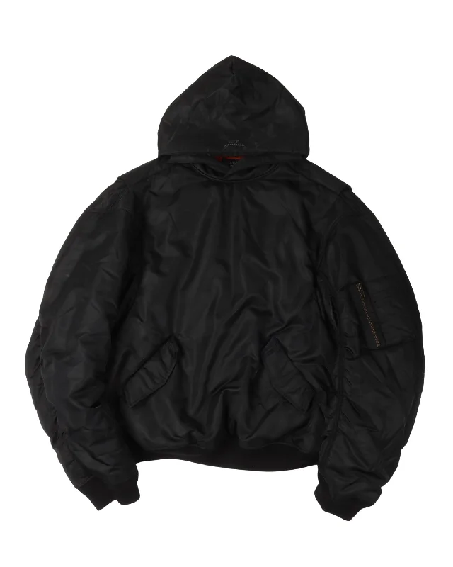 Nylon Hooded Pullover Bomber Jacket Zip Front Button Front Snap Front