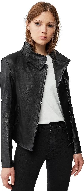 Sandy Asymmetrical Zip Leather Jacket - Women's|-|Manteau en cuir Sandy à glissière asymétrique - Femme A-Line Jacket Boat Neck Shawl Collar