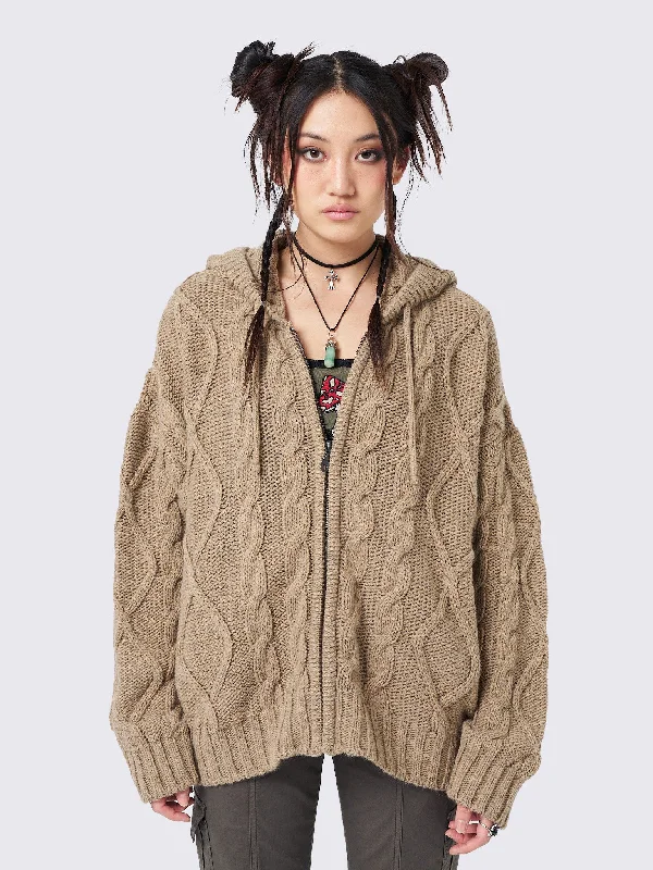 Eli Beige Zip Up Cable Knit Cardigan Jersey Fabric Tulle Fabric Batik Fabric