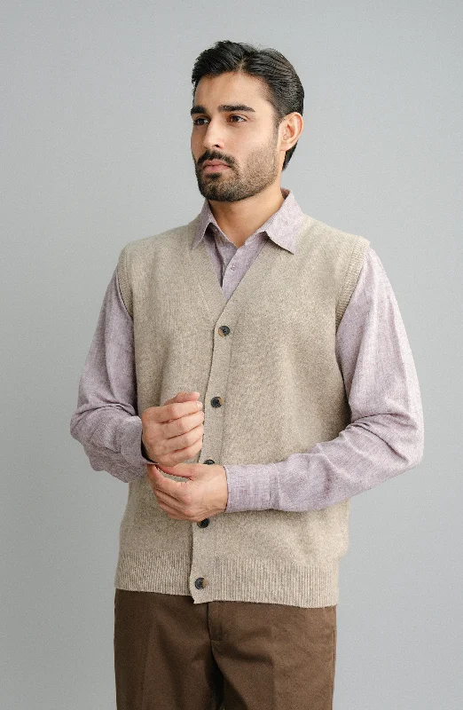 Sleeve-Less Cardigan - Beige Notch Collar Peter Pan Collar Cowl Neck