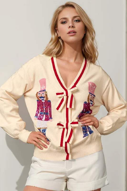 Double Take Full Size Nutcracker Sequin Bow Decor Cardigan Chenille Blend Fleece Blend Nylon Blend
