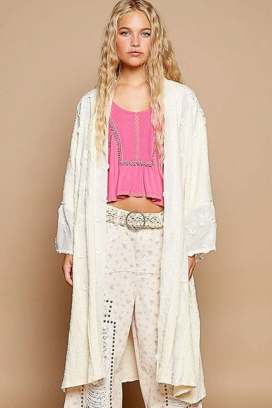 POL Flower Lace Trim Open Front Longline Cardigan Solid Print Embellished