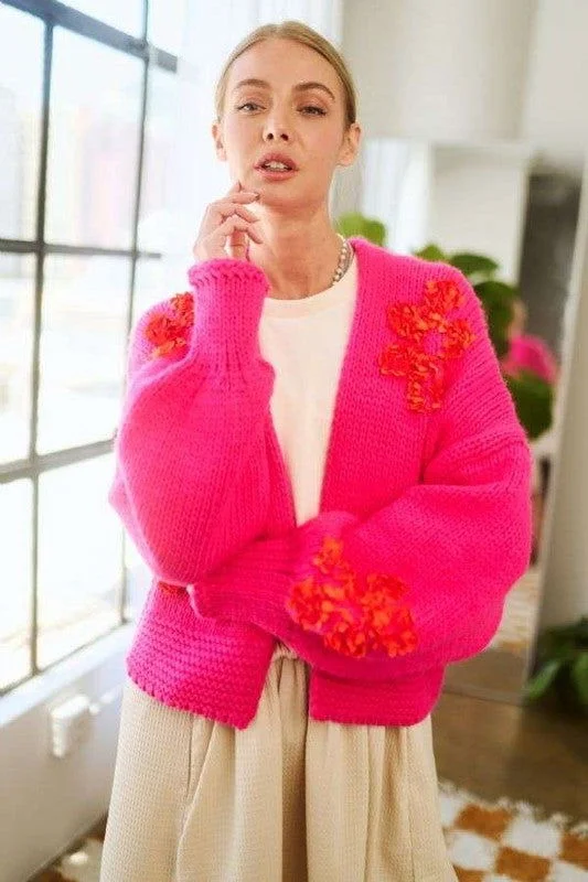 Davi & Dani Floral Applique Open Front Drop Shoulder Cardigan In Pink Polka Dot Checkered Tartan