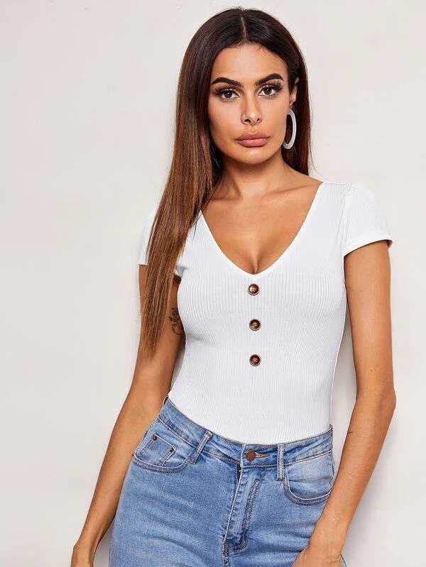 V-Neck Buttoned Front Rib-knit Top Branded Knit Top