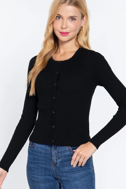 Long Slv Crew Neck Basic Cardigan Seamless Knitted Crochet
