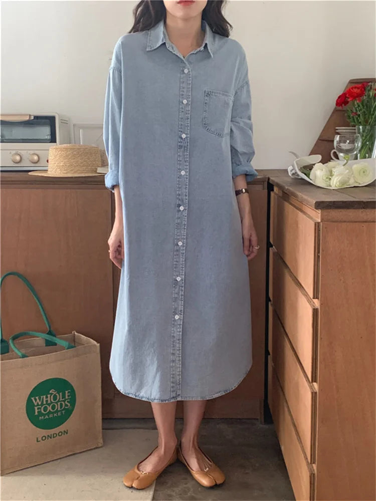 Wjczt Spring Summer Women Casual Denim Shirt Dress Loose Long Sleeve Cardigan Dress Korea Ladies Womens Denim Shirt Long Dresses Fleece Fabric Down Fabric Feather Fabric