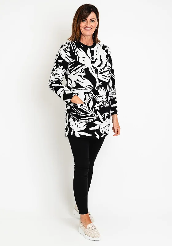 Natalia Collection Monochrome Print Long Knit Cardigan, Black & White Slim Fit Regular Fit Oversized