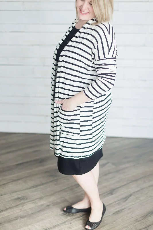 Striped Open Cardigan Toggled Drawstring Belted