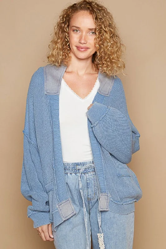 POL Open Front Washed Knit Cardigan with Pockets Print Jacquard Patchwork