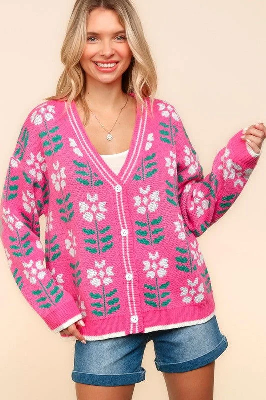 Haptics Full Size Floral Jacquard V-Neck Button Up Cardigan Herringbone Houndstooth Plaid
