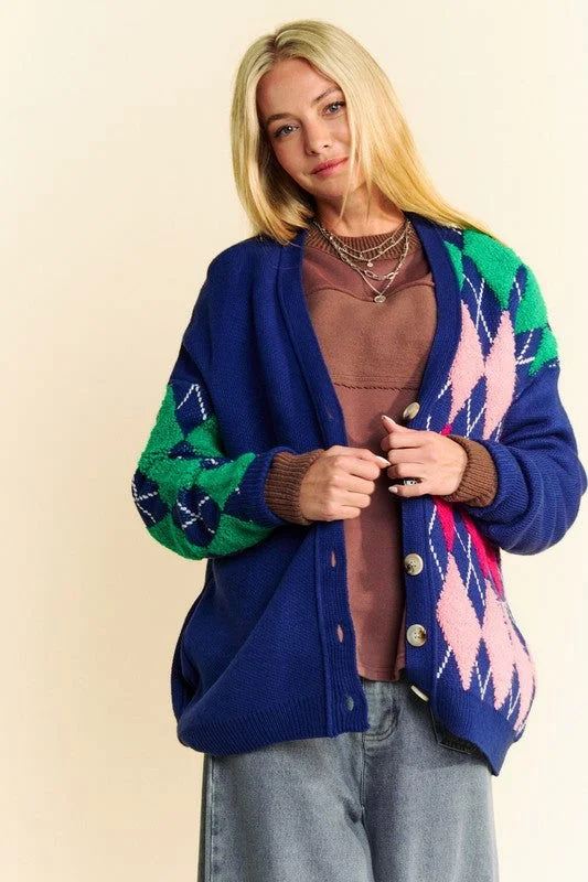 Davi & Dani Argyle V-Neck Dropped Shoulder Cardigan In Navy Lace Blend Ribbed Blend Corduroy Blend