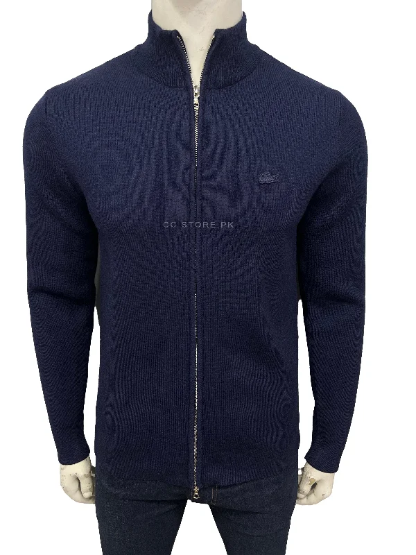 Lacoste High Neck Zipped Wool Navy Blue Cardigan Solid Print Embellished