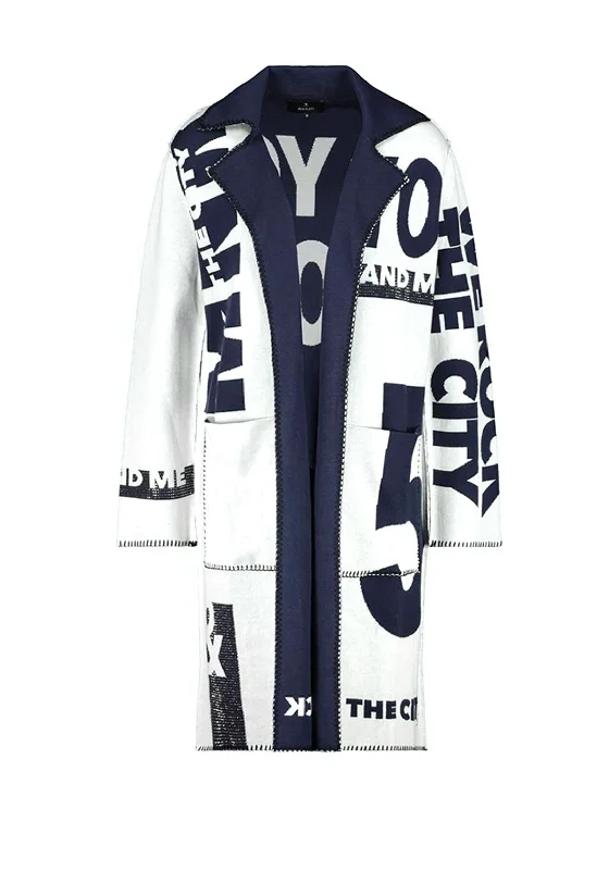 Monari Text Print Knit Long Cardigan, White & Navy Terry Terry Cloth Terry Knit