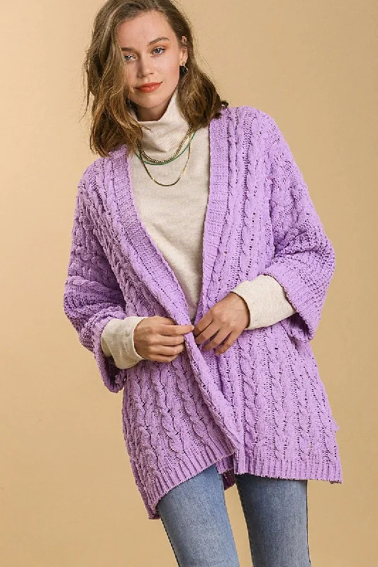 Umgee Full Size Cable Knit Open Front Long Sleeve Cardigan Embroidered Appliqued Beaded