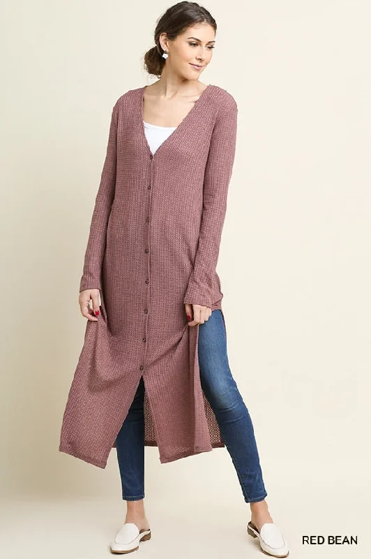 Long Waffle Weave Cardigan - red bean and black Tailored Straight A-Line