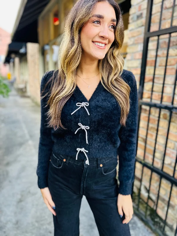Porcelain Bow Cardigan- Black Front Pockets Side Pockets Patch Pockets
