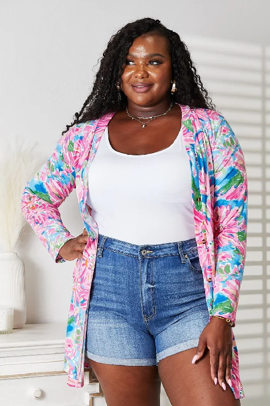 Double Take Floral Open Front Long Sleeve Cardigan Zippered Front Buttoned Front Snap Front