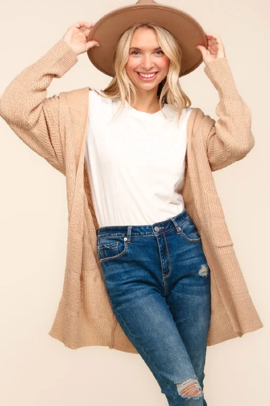 Haptics Stripe Textured Open Front Cardigan In Taupe Collared Crew Neck Turtle Neck