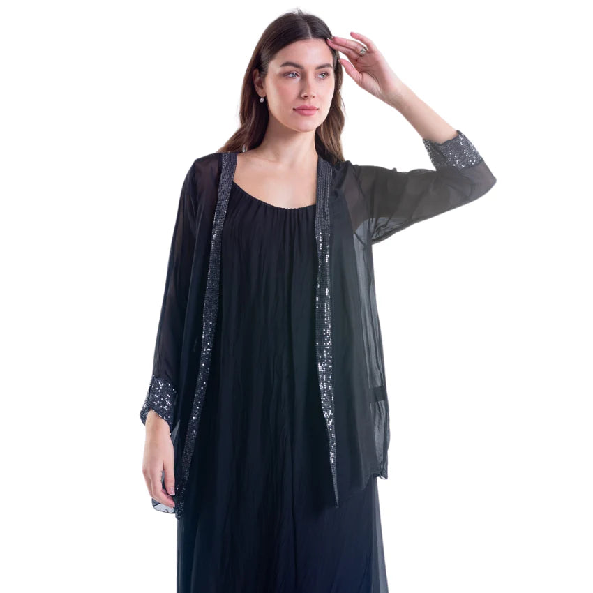 Italian Silk Cardigan Nero/Black Welt Pockets Slit Pockets Flap Pockets