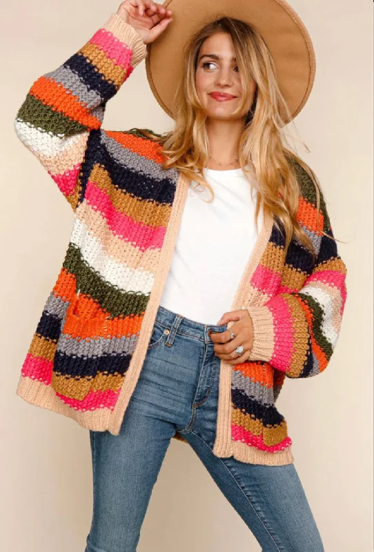 Multi Stripe Crochet Pocket Cardigan Glossy Satin Silk