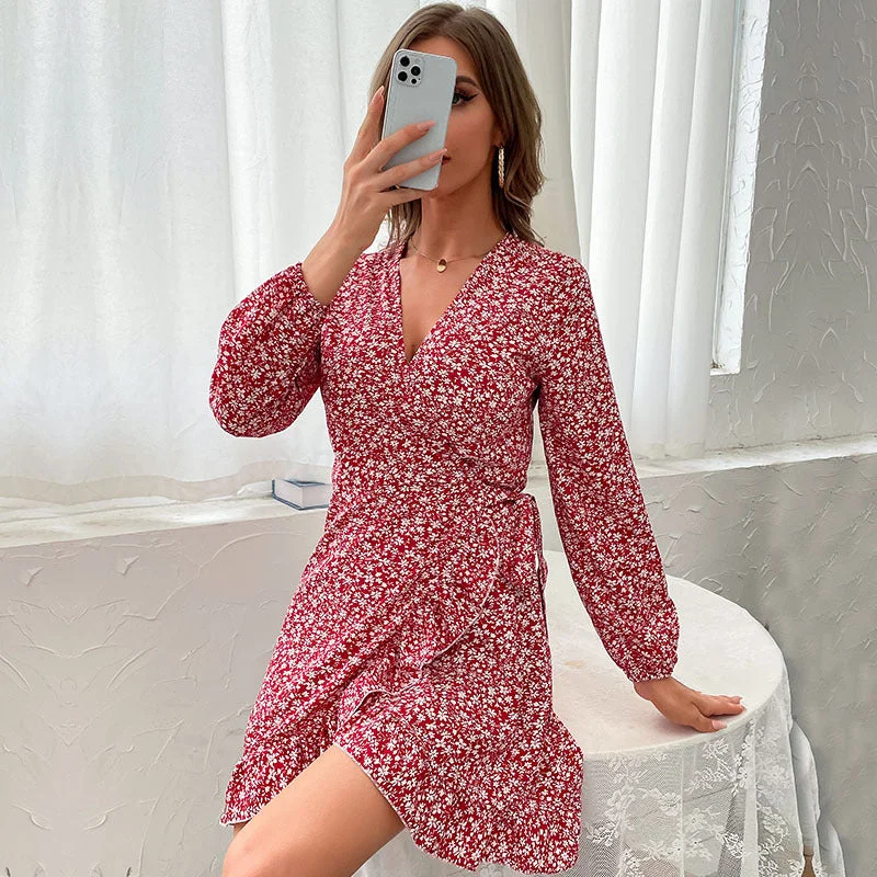 IKEARLAX  Cross-border Spring and Autumn  Women's Clothing Cardigan V-Neck Lotus Leaf Edge Floral Dress Women's Hot Trade Cable Knit Ribbed Knit Lace Knit