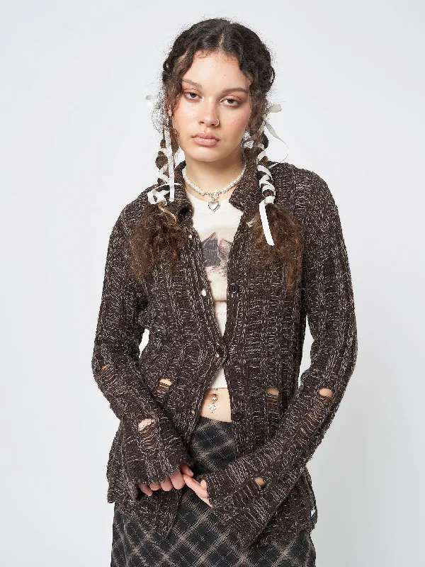 Gem Brown Distressed Knit Cardigan Chenille Fabric Brocade Fabric Lace Fabric