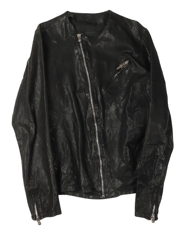 Asymmetric Zip Leather Jacket Welt Pockets Slit Pockets Flap Pockets