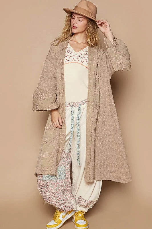 POL Flower Lace Trim Open Front Longline Cardigan In Khaki Velvet Chenille Corduroy