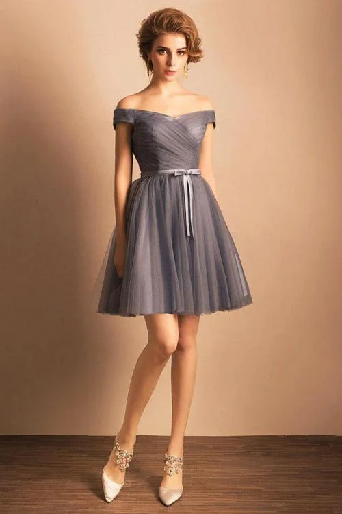 Grey A-line Princess Short Off the shoulder Pleated Homecoming Dress DMA59