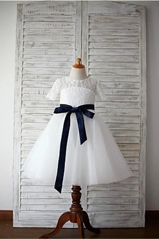 A-line Scoop 1/2 Sleeves Navy Sash Floor-Length Tulle Flower Girl Dresses DM726