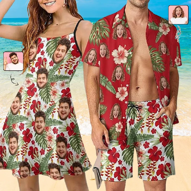 Couple Hawaiian Dress Set Cruise Outfit Custom Face Red Hawaiian Shirt Set&Dress