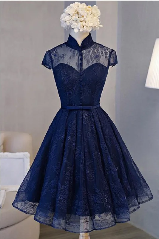 Retro A-line High Neck Short Sleeve Knee-length Navy Blue Lace Homecoming Dress DM507