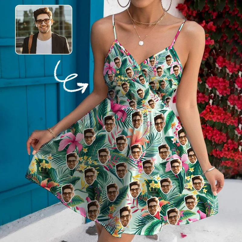 Custom Face Flowers Women's V-neck Wrap Cami Casual Dress